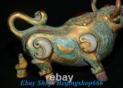 9 Chinese Copper Gold Gilt Inlay Turquoise Gem Jade Zodiac Bull Oxen Sculpture