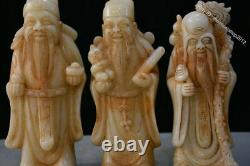 9 Chinese Old White Jade Carving 3 Longevity God Fu Lu Shou Life Sculpture Set