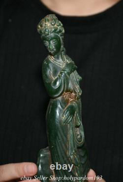 9 Collect Old Chinese Natural Green Jade Carving Beauty Belle Statue Sculpture