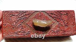ANTIQUE 18c CHINESE RED CINNABAR LONG JEWELRY BOX PHOENIX MOTIF WithJADE HORSE
