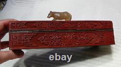 ANTIQUE 18c CHINESE RED CINNABAR LONG JEWELRY BOX PHOENIX MOTIF WithJADE HORSE