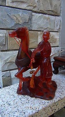 ANTIQUE 19C OLD CHINESE AMBER CARVED RARE LARGE WARRIOR WithHORSE STATUE ON STAND