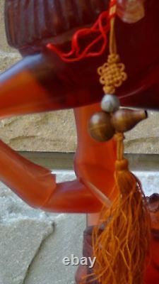 ANTIQUE 19C OLD CHINESE AMBER CARVED RARE LARGE WARRIOR WithHORSE STATUE ON STAND