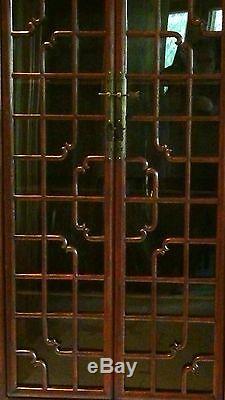 ANTIQUE 19c CHINESE WALNUT WOOD CARVED CURIO CABINET WithWOOD SHELVES, GLASS DOOR