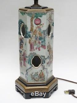 ANTIQUE 19c QING CHINESE HEXAGONAL FAMILLE ROSE HAT STAND VASE MOUNTED AS LAMP