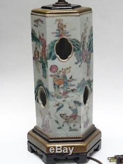 ANTIQUE 19c QING CHINESE HEXAGONAL FAMILLE ROSE HAT STAND VASE MOUNTED AS LAMP