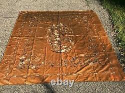 ANTIQUE 19th QI'ING CHINESE EMBROIDERED SILK BED COVER EMBROIDERY 221 x 210 cm
