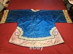 ANTIQUE 19th c QI'ING CHINESE EMBROIDERED DAMASK SILK WOMEN ROBE EMBROIDERY
