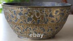 ANTIQUE CHINESE 18th C. BRASS OVER PEWTER ORNATE ASIAN BOWL ANIMAL SCENE