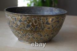ANTIQUE CHINESE 18th C. BRASS OVER PEWTER ORNATE ASIAN BOWL ANIMAL SCENE