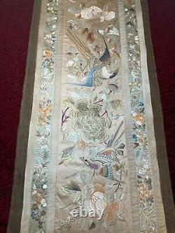 ANTIQUE CHINESE 19th/ 20th EMBROIDERED SILK PANEL BIRDS EMBROIDERY 181 cm x 41cm