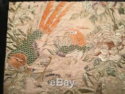 ANTIQUE CHINESE 19th c EMBROIDERED SILK PANEL 100 BIRDS EMBROIDERY 88 X 58 cm
