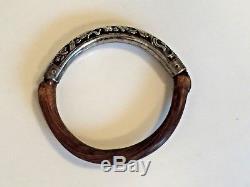 ANTIQUE CHINESE BAMBOO WOOD & SILVER REPOUSSE BANGLE BRACELET -Please SEE