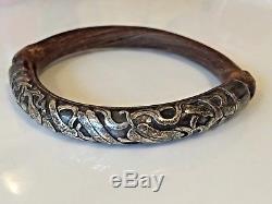 ANTIQUE CHINESE BAMBOO WOOD & SILVER REPOUSSE BANGLE BRACELET -Please SEE