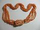 Antique Chinese Deeply Carved Salmon Coral 6 Strand Bead Necklace Withrose Clasp