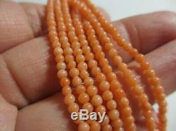 ANTIQUE CHINESE DEEPLY CARVED SALMON CORAL 6 STRAND BEAD NECKLACE WithROSE CLASP