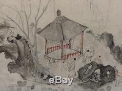 ANTIQUE CHINESE FAN PAINTING SCHOLARS IN PAVILION EARLY 20 c. SIGNED