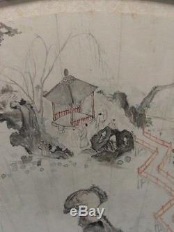 ANTIQUE CHINESE FAN PAINTING SCHOLARS IN PAVILION EARLY 20 c. SIGNED