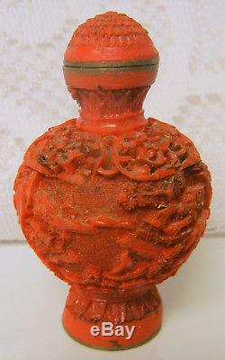 ANTIQUE CHINESE Fine Cinnabar Snuff Bottle QIANLONG FOUR CHARACTERE SEAL MARK