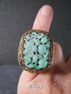 ANTIQUE CHINESE SERLING SILVER RING with CARVED JADE or JADITE STONE