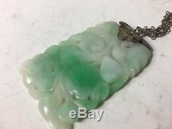 ANTIQUE CHINESE WHITE & Apple Green JADE CARVED PENDANT Silver filigree