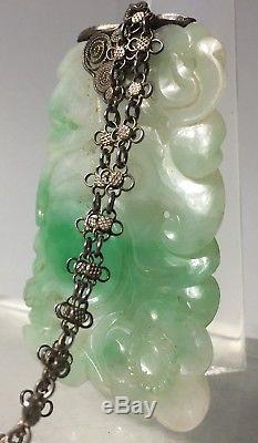 ANTIQUE CHINESE WHITE & Apple Green JADE CARVED PENDANT Silver filigree