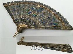 ANTIQUE Chinese for Export GILDED SILVER FILIGREE & ENAMEL BRISE FAN. RARE