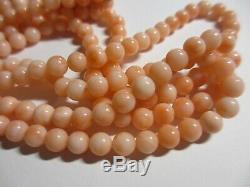 ANTIQUE TRIPLE STRAND CHINESE 20 SALMON CORAL BEAD NECKLACE WithCARVED ROSE CLASP