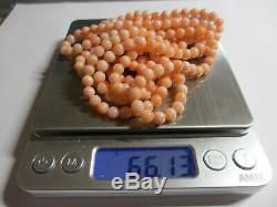 ANTIQUE TRIPLE STRAND CHINESE 20 SALMON CORAL BEAD NECKLACE WithCARVED ROSE CLASP