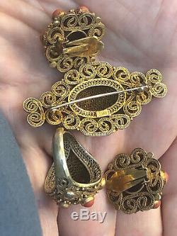 A+ Antique Chinese Export Gilt Silver CoraI Bracelet Earrings Ring & Brooch Set