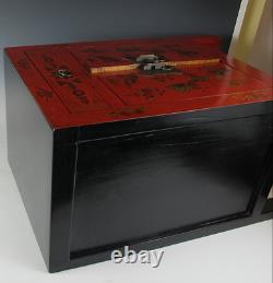 A Chinese Antique Red Lacquer birds butterfly paint style design 2 door closet
