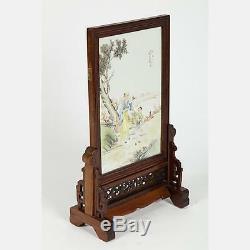 A Chinese Porcelain Table Screen Plaque On Wood Base