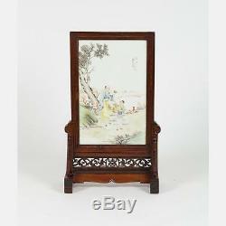 A Chinese Porcelain Table Screen Plaque On Wood Base