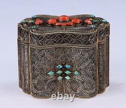 A Fine Chinese Antique Silver Filigree Inlaid Lidded Case, Qing Dynasty