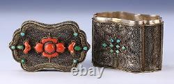 A Fine Chinese Antique Silver Filigree Inlaid Lidded Case, Qing Dynasty