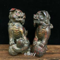 A Pair Chinese Copper Handmade Carved Exquisite Lion Statue 21923