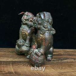 A Pair Chinese Copper Handmade Carved Exquisite Lion Statue 21923