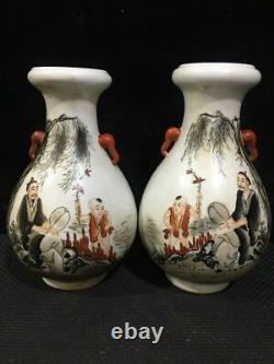 A Pair Chinese Pastel Porcelain Hand Painted Exquisite Figures Story Vase 545