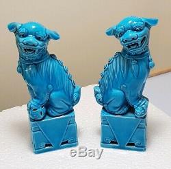 A Pair Of 1920s Chinese Turqoise Blue Ceramic Foo Dogs / Guardian Lions