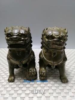 A Pair Old Antiques Chinese Bronze Fu Foo Dog Guardian Lion Statues