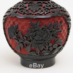 A Pair of Chinese Carved Black over Cinnabar Lacquer Vases with Formal Designs