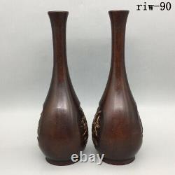 A pair ancient Chinese Pure copper gilt Magpie prunus-blossom design vase