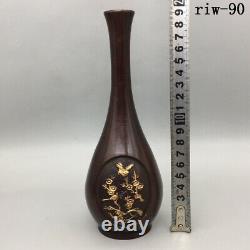 A pair ancient Chinese Pure copper gilt Magpie prunus-blossom design vase