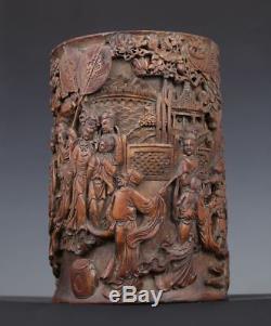 Amazing Rare Old Chinese High Relief Bamboo Hand Carving Figures Brush Pot FA084