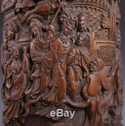 Amazing Rare Old Chinese High Relief Bamboo Hand Carving Figures Brush Pot FA084