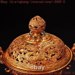 Ancient Chinese dynasty bronze Gilt dragon statue Incense burner Censer