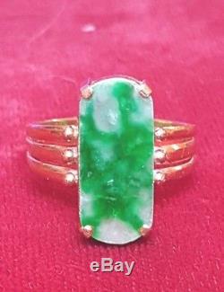 Antique 14k Gold Jade Jadeite Ring Gemstone White Green Mottled Chinese Hololith