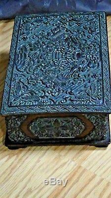 Antique 17c Chinese Very Old Cinnabar Hand Carved Lacquered Dragons Hinged Box