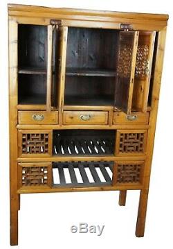 Antique 1850s Chinese Wedding Cabinet Armoire Elm Carved Accent Geometric Panels