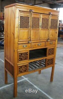 Antique 1850s Chinese Wedding Cabinet Armoire Elm Carved Accent Geometric Panels